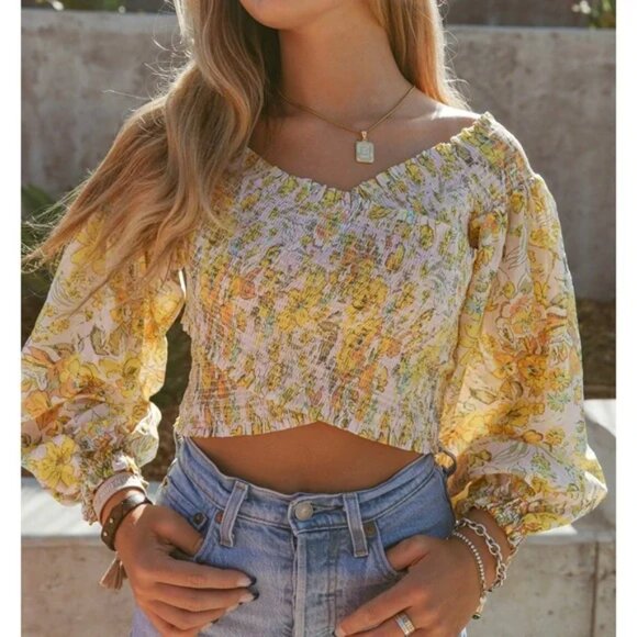 Free People East To West Smocked Top Balloon Sleeve Floral Boho Cottagecore sz M - Picture 2 of 13